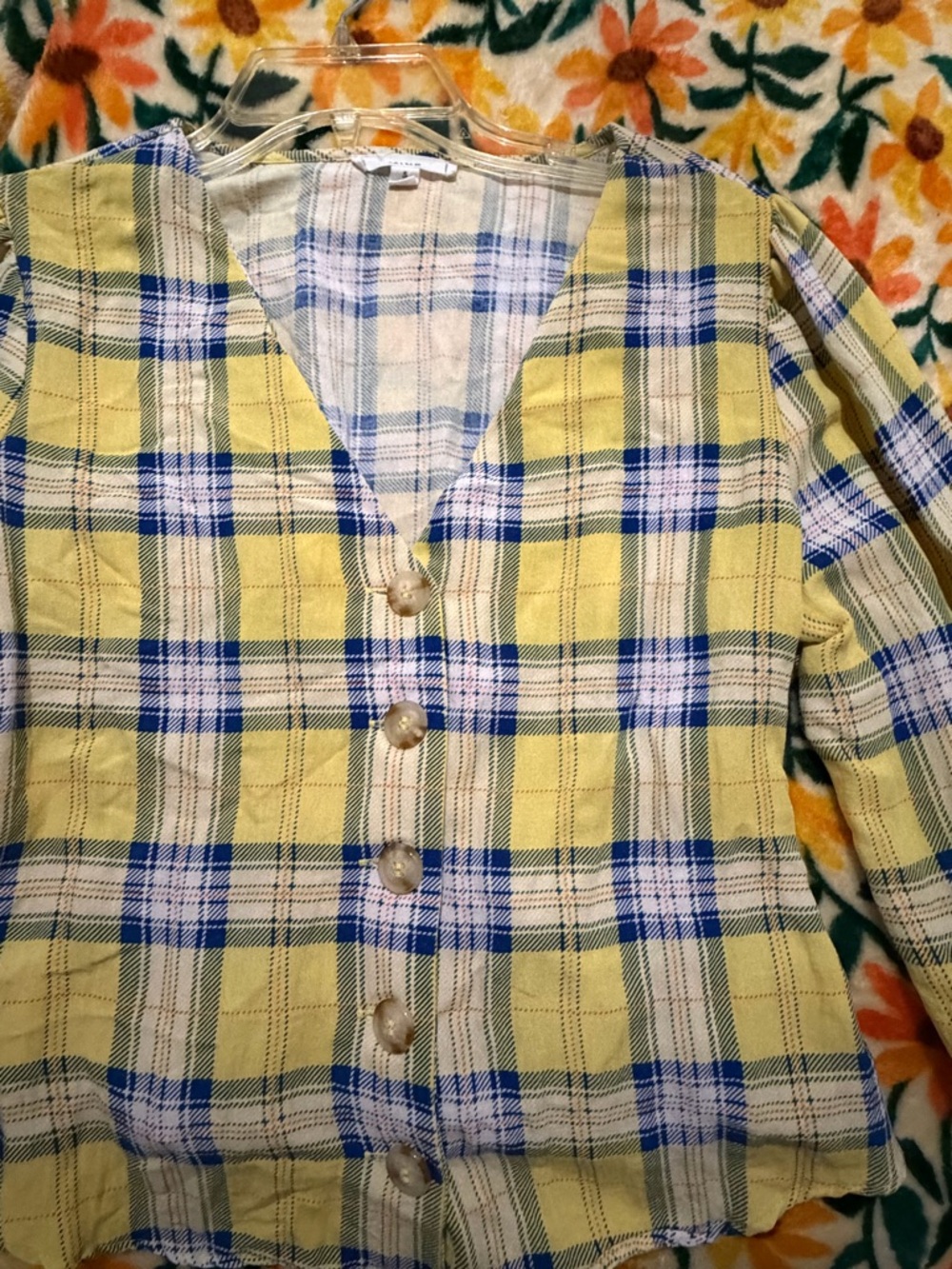 mine Yellow Blue Plaid Button-Front Blouse